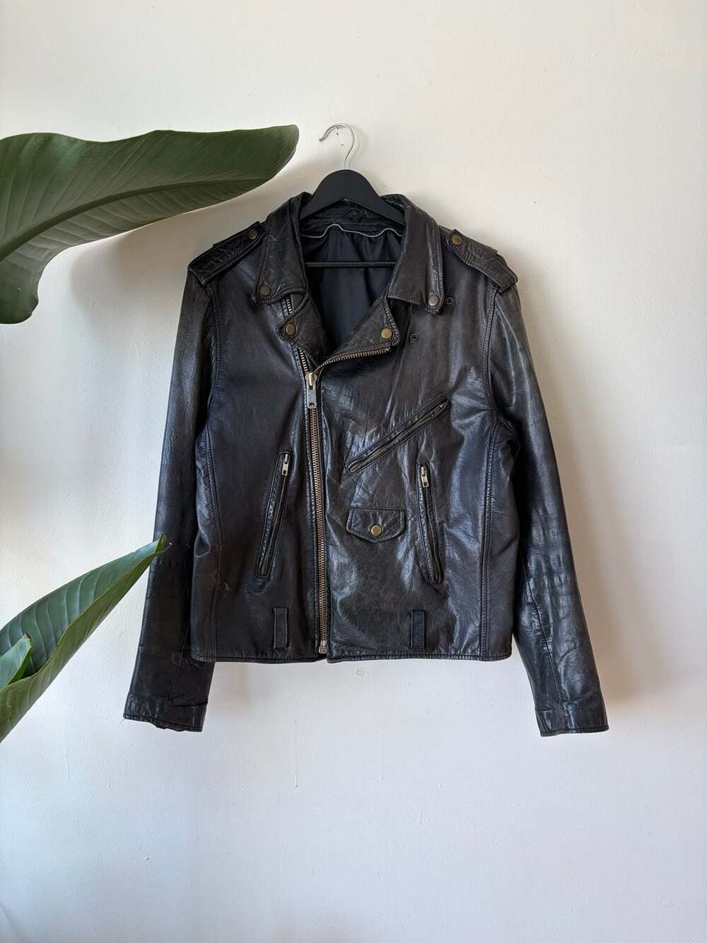 Vintage Black Leather Motorcycle Jacket Biker Bomber Coat